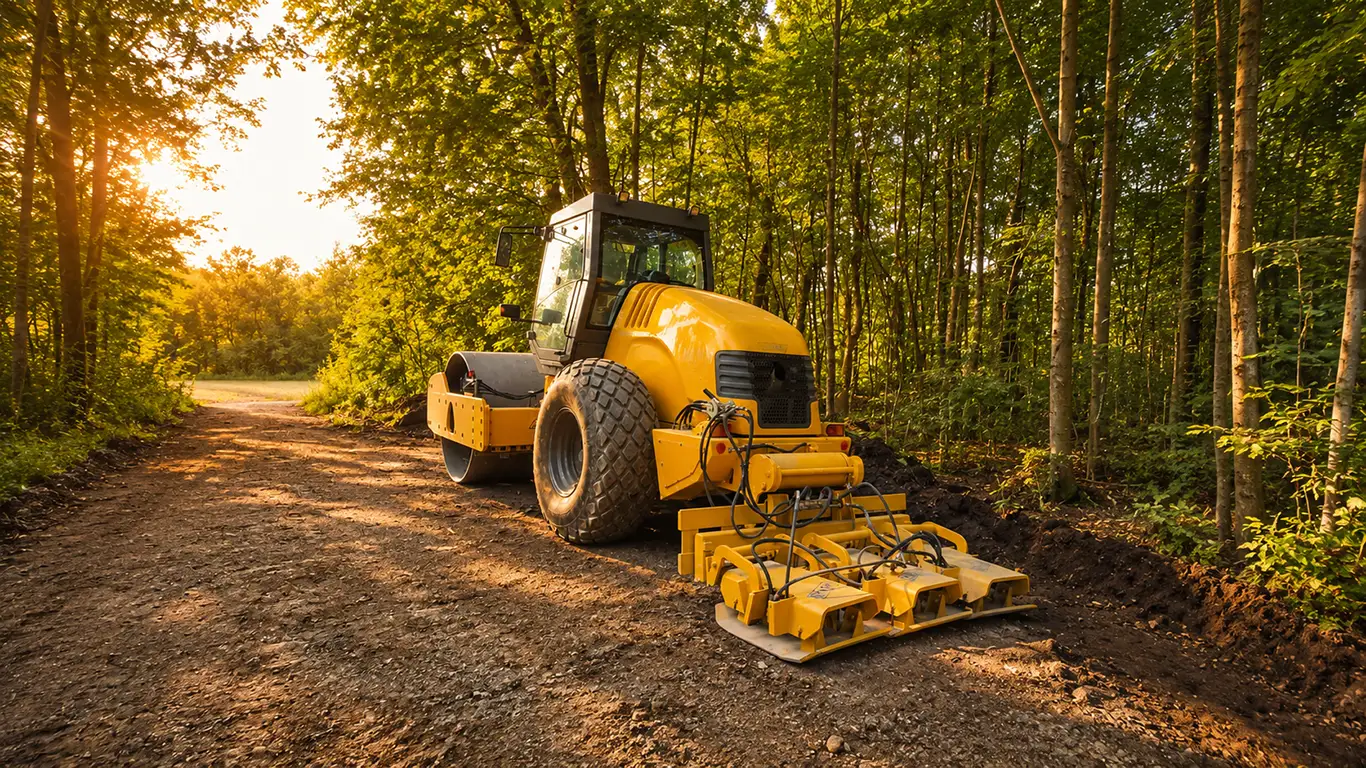 Walze mit Plattenverdichter verdichtet Waldweg